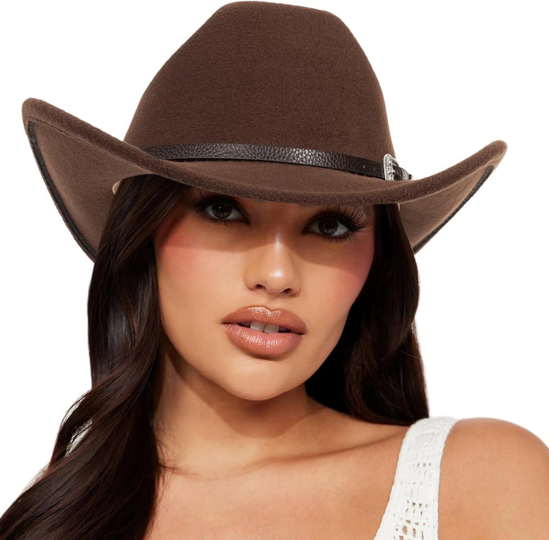 FGSS Womens Western-Cowboy-Hats Classic Felt-Hats - Rodeo Wide-Brim-Cowgirl Jazz-Hat with Buckle Belt(Lagre) - Image 1